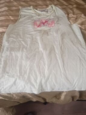 Striped White & Light Green Muscle Tank with Pink Flip Flop Accent
